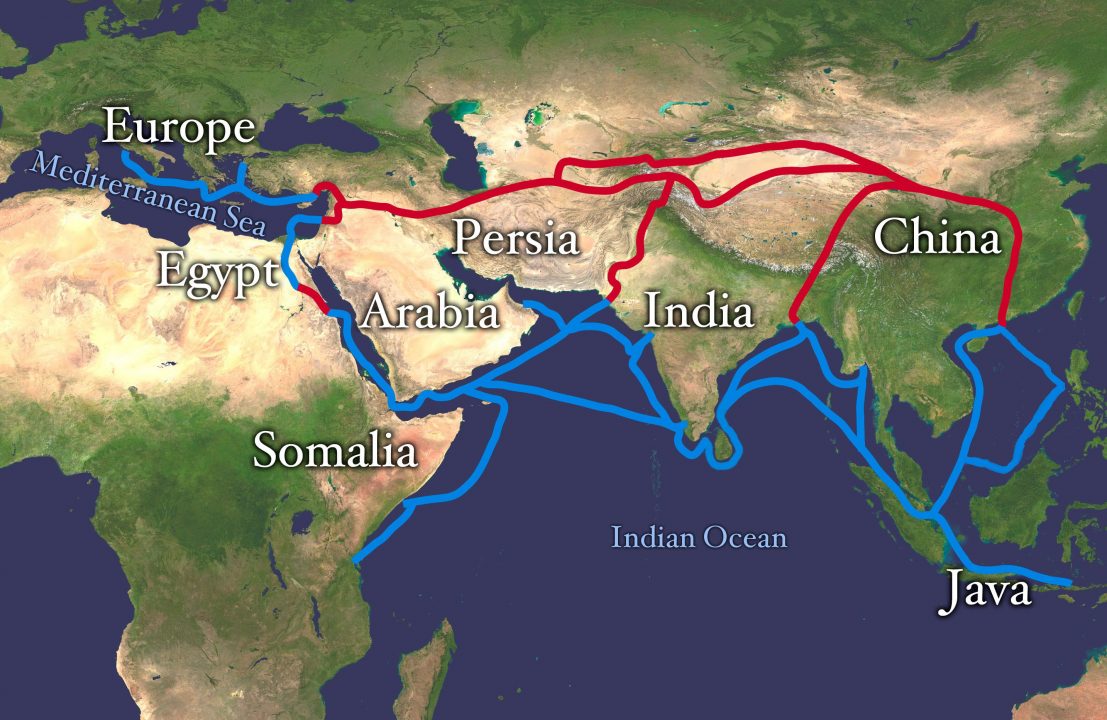 The Silk Road, indicating land and maritime routes