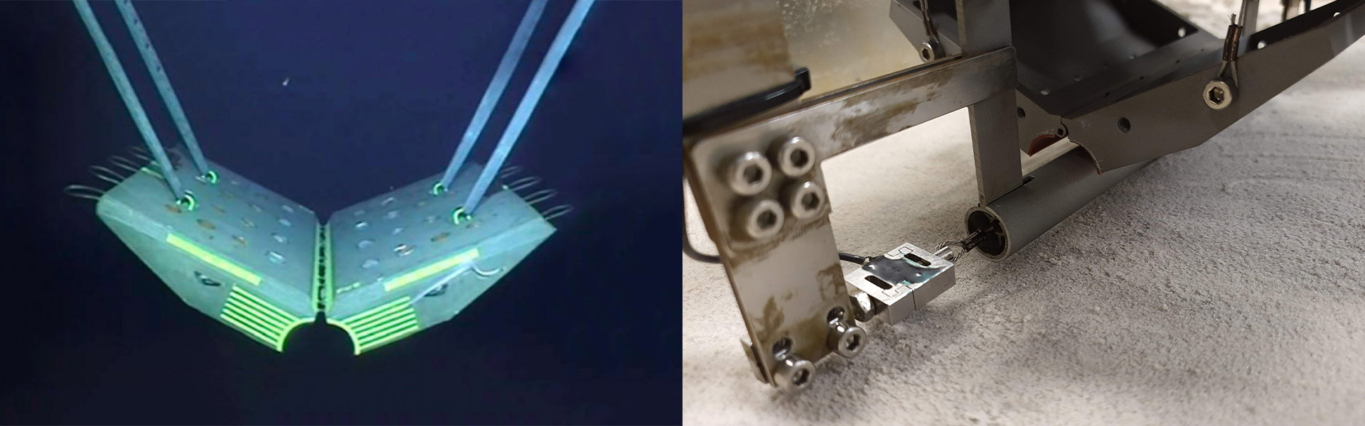 PCM being lowered onto an offshore pipeline to keep it stable (left) (Frankenmolen et al 2017), and onto a model pipeline in the NGCF centrifuge experiments (right)